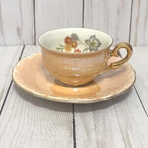 Vintage Ci Co Porcelain Peach Floral Gold Trim Lusterware Cup & Saucer Set